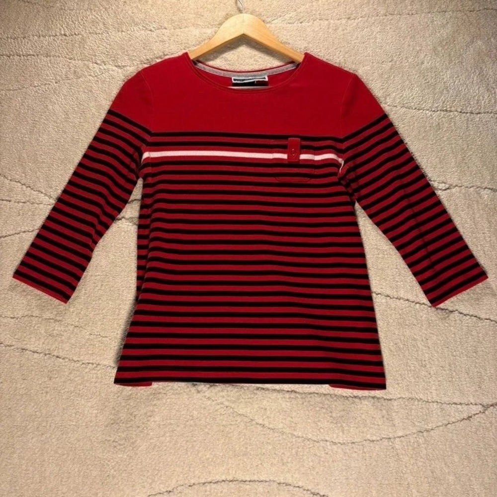 Karen Scott Sport Women's Small Red Black Striped 3/4 Sleeve Top Pocket*
